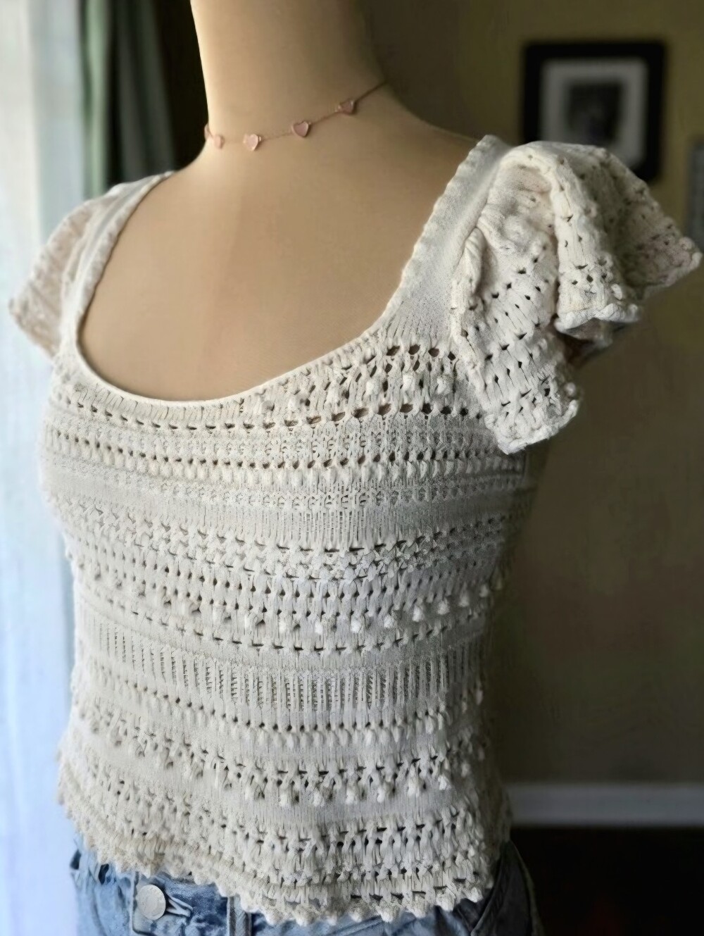 Cream Crochet Knit Crop Top Flutter Sleeve Cottagecore‎ Sincerely Jules Medium